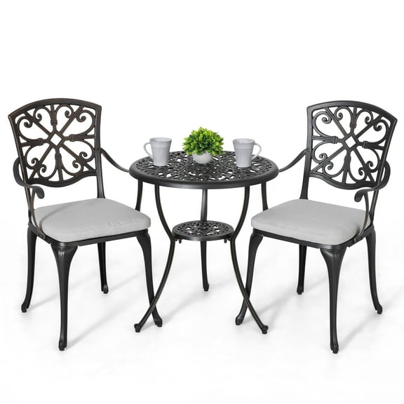 Nuu Garden Outdoor Metal Bistro Set 3 Piece, All Weather Cast Aluminum Patio Bistro Set Patio Table and Chairs Set of 2 with Umbrella Hole and Grey Cushions for Backyard, Balcony, Lawn, Black