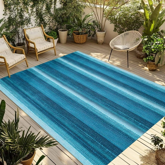 Fsddascl Turquoise Teal Ombre Outdoor Rug for Patio/Deck/Porch, Non-Slip Large Area Rug 6 x 9 Ft, Farmhouse Modern Abstract Striped Indoor Outdoor Rugs Washable Area Rugs, Camping Rug Carpet