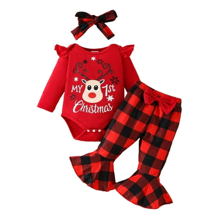 

Girls Long Sleeve Christmas Letter Romper Bodysuit Cartoon Deer Prints Plaid Bell Bottoms Pants Outfits Infant Long Sleeve Clothes Fall Baby Clothes Long Sleeve Onesies Newborn