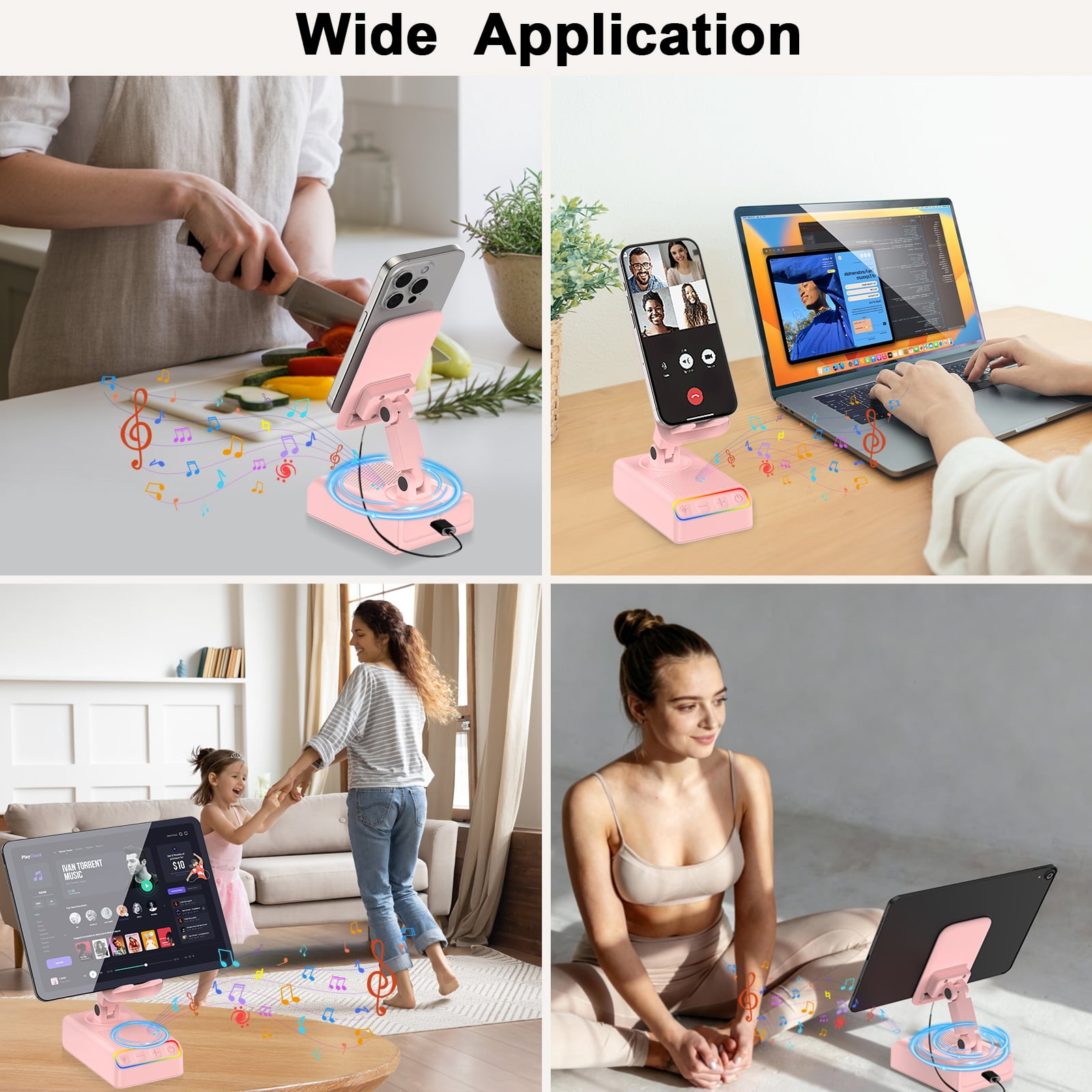 Adjustable Cell Phone Stand with Wireless Induction Bluetooth Speaker, HD Surround Sound, Color-Changing LED Light, and Non-Slip Phone Holder – Perfect for Yoga and Kitchen, a Great Gift for Everyone