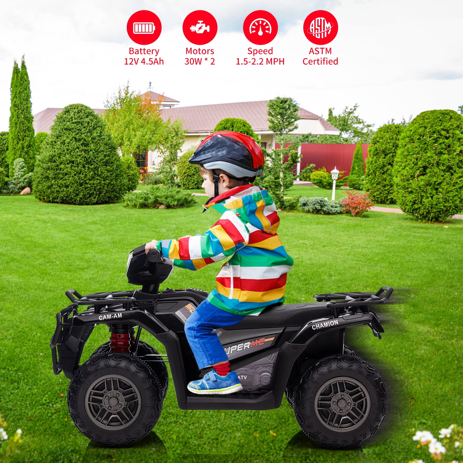 Roromall 12V Kids Ride on ATV, Battery-Operated Car with High/Low Variable Speed Ride on Electric Vehicle with LED Light, Music, USB,1.5-2.2mph Safety Speed for Child Toy