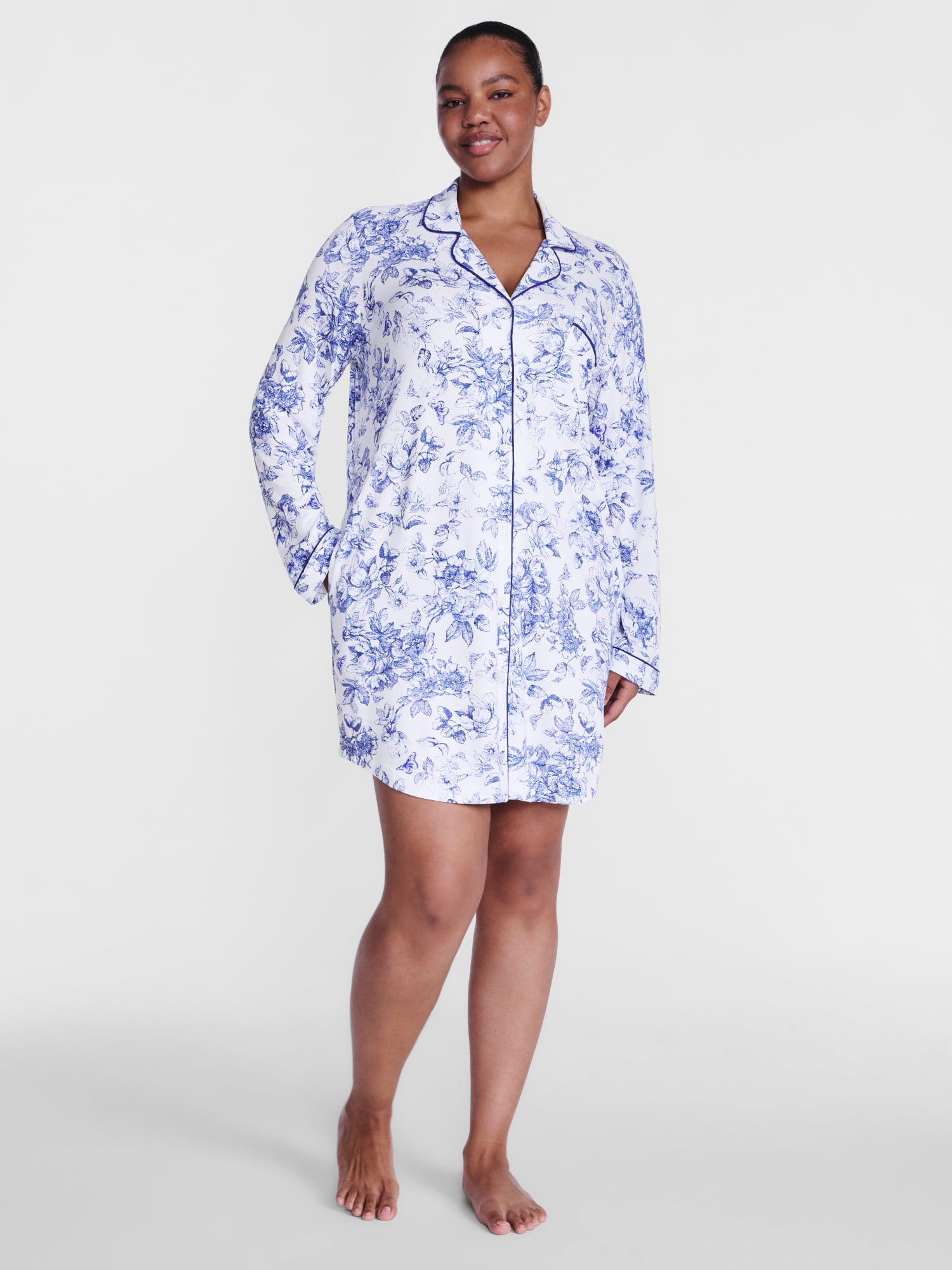 Joyspun Women's Dreamy Soft Collection Notch Collar Sleepshirt with Long Sleeves, Sizes XS-3X
