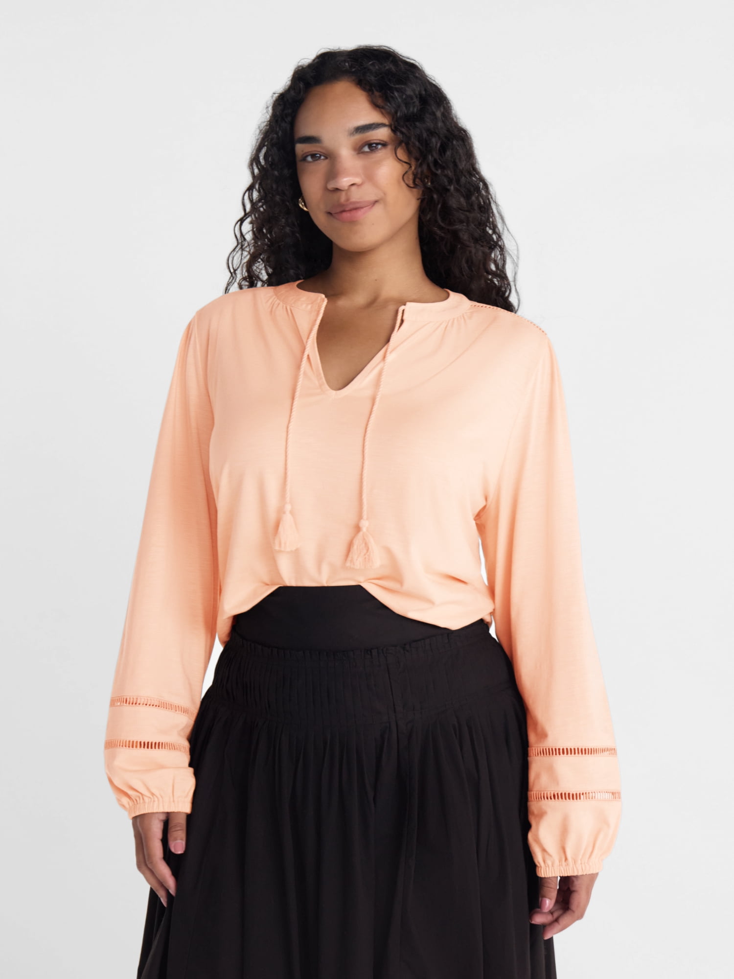 Scenario Women's Slub Knit Split Neck Top with Long Sleeves, Sizes XS-XXXL