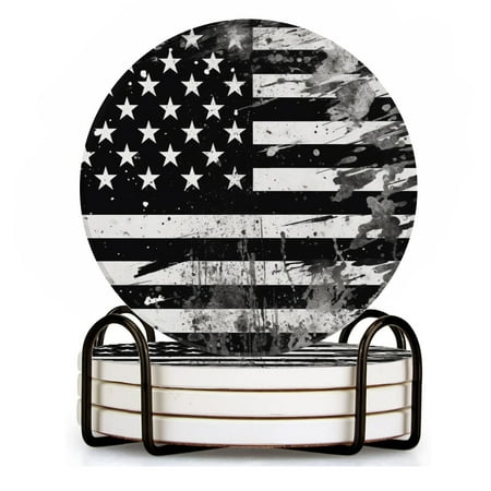

BaHomeck Drink Coasters Set of 4 with Holder black and white American flag with grunge Water Absorbent Ceramic Coasters Tabletop Protection Suitable for Various Cup Home Decor