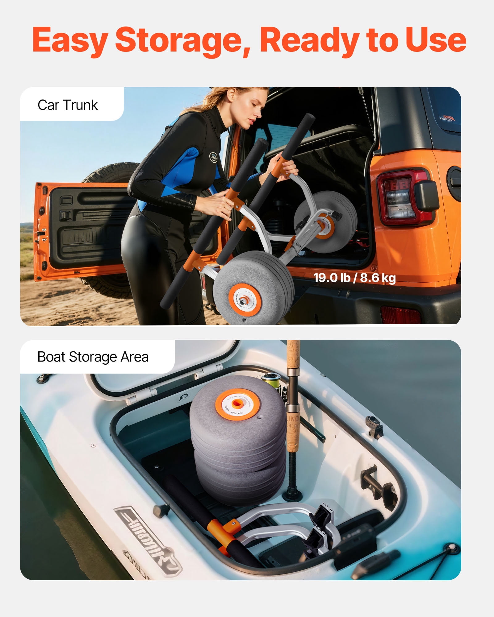 VEVOR Kayak Cart, 350 lbs Load Capacity, Kayak Trolley with 12-inch Inflatable PU Tires & 2 Straps, Assembles & Disassembles Within Seconds, Paddle Board Trolley for Carrying Kayaks and Canoes