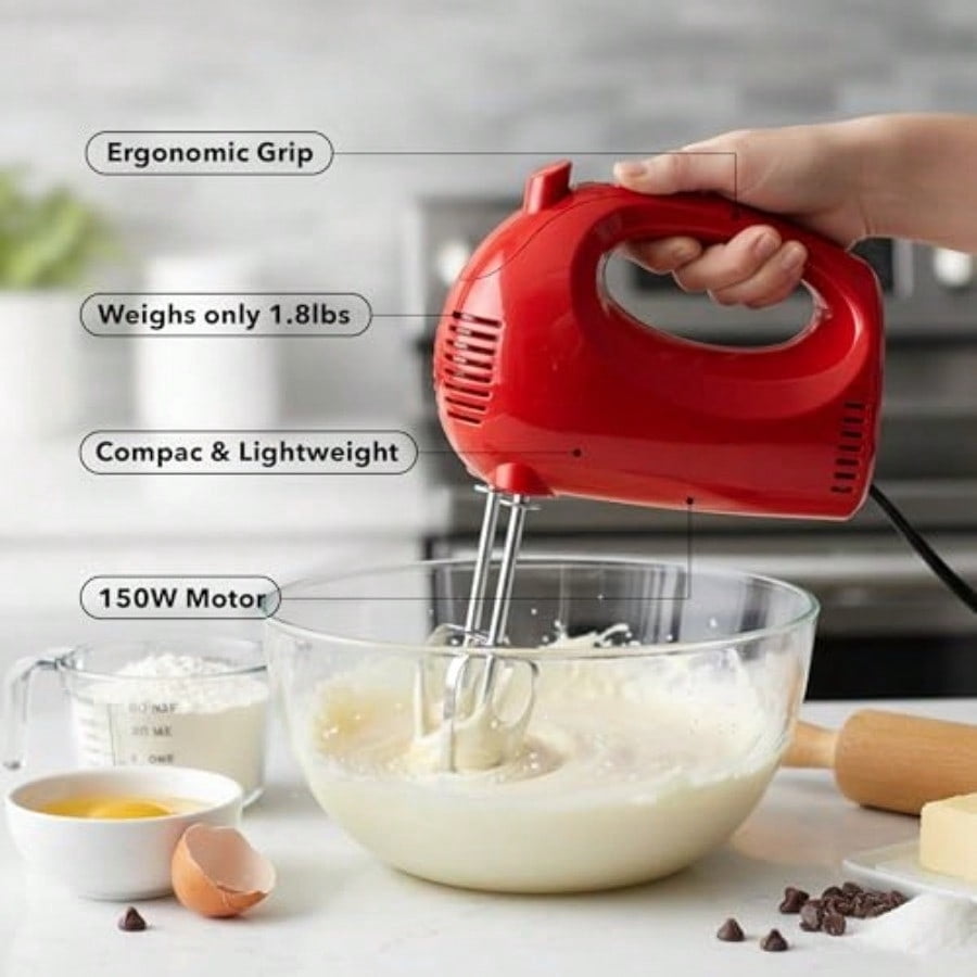 5-Speed Corded Electric Hand Mixer with Stainless Steel Whisks Compact Portable Design with Snap-On Storage Case 150W Lightweight Handheld Mixer for Baking and Cooking Red