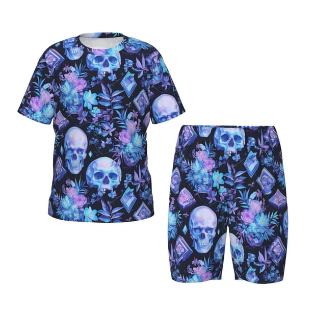 Balery Skull blue crystal flower Conjunto de Pijama Infantil de Manga Corta con Estampado – Ropa de Dormir de Algodón Suave-Large