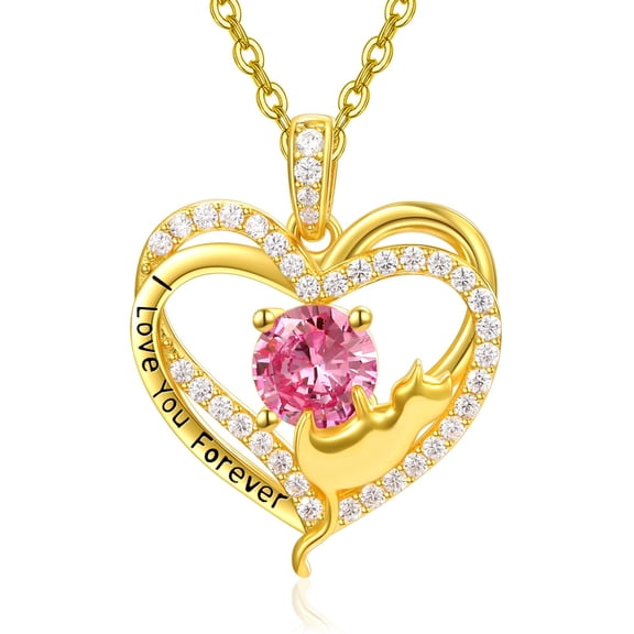 TANGPOET October Birthstone Cat Necklace for Women 14K Gold Heart Necklace Tourmaline Jewelry Anniversary Birthday Gifts