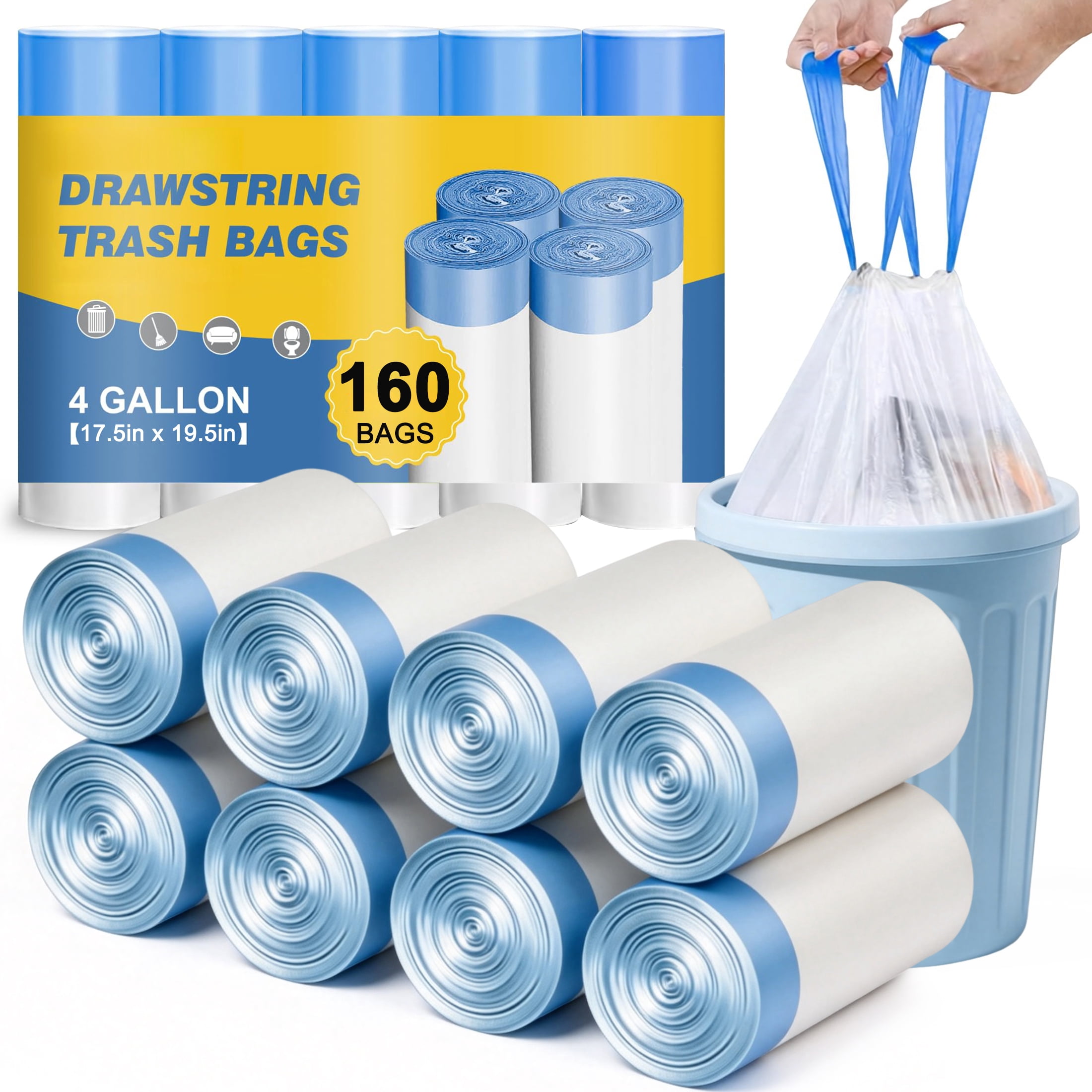 4 Gallon Drawstring Trash Bags, 160 Count Small Plastic Garbage Bags, Leak Proof Thick Disposable Trash Liners for Bathroom Kitchen Office Bedroom