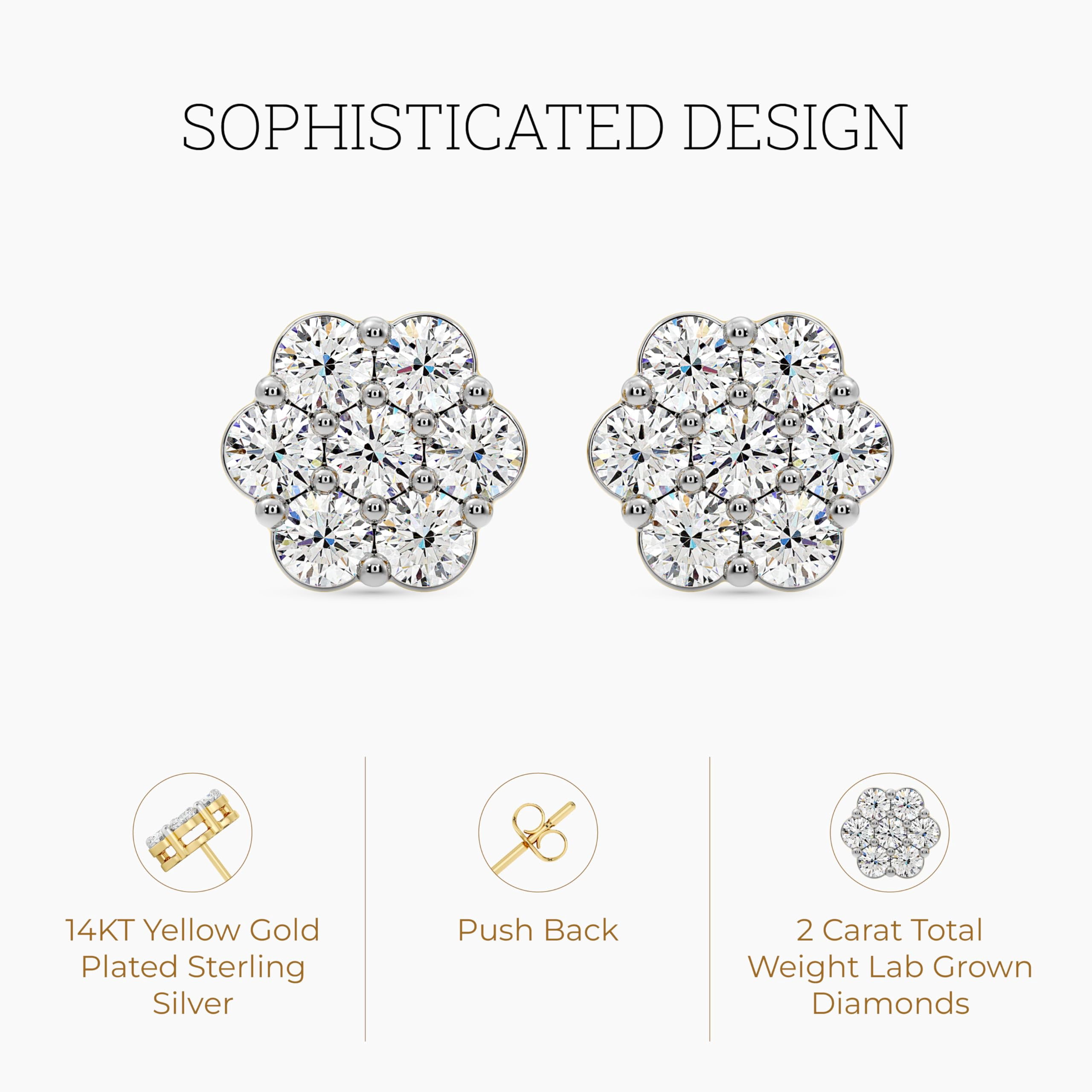 Gilded 2 Carat Total Weight Lab-Grown Diamond 14KT Yellow Gold Plated Silver Stud Earrings for Women, 7-Stone Flower Shaped, Hypoallergenic Fine Jewelry, Prong Setting, Push Back SI1 Clarity, F Color