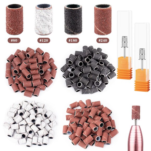 Rolybag Bandas de Lijado para Taladro de Uñas Juego de Correas de Uñas Portátiles Juego de Arena Efile de Grano Fino Grueso de 3 Colores 80#120#180#240# 2 Piezas Brocas de Uñas de 3/32 Pulgada para Ma
