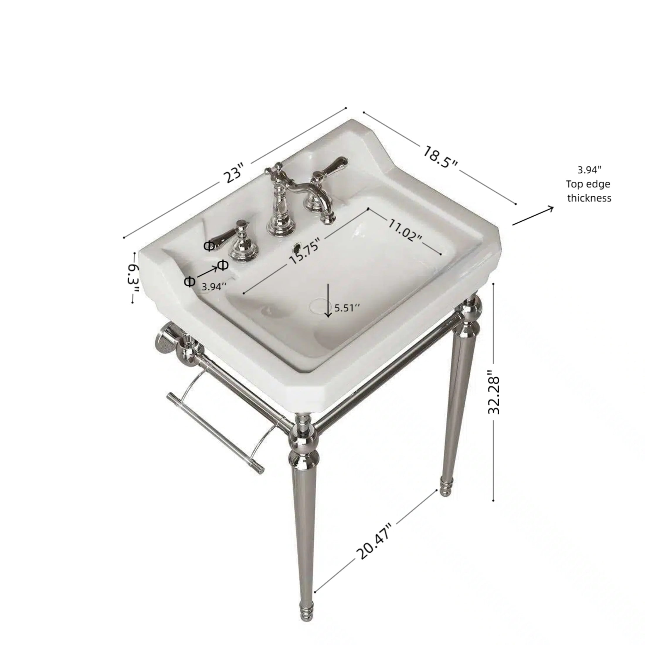 Noble House VICI 23" Bathroom Console Sink, Wall-Mounted Ceramic Basin Vanity with Stainless Steel Legs, White & Chrome