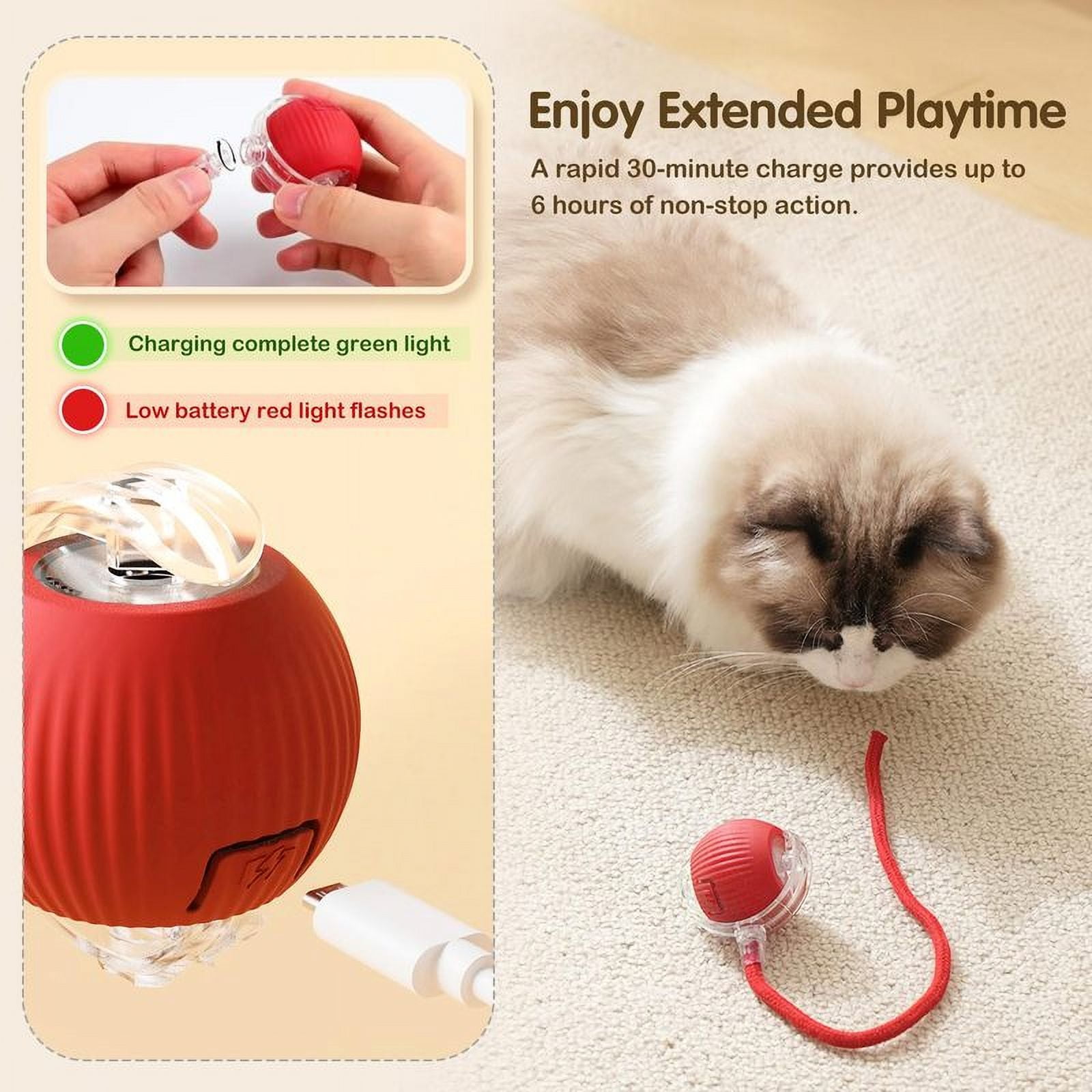 Cat Interactive Ball Toy, Automatic Rolling Ball with Tail, Reharbable Smart Pet Interactive Toy, Intelligent Mouse for Cat