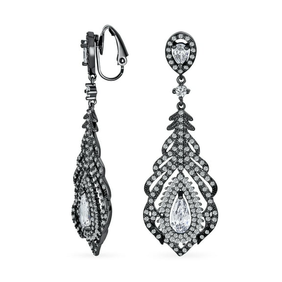 Bling Jewelry Womens Vintage Art Deco Cubic Zirconia Teardrop Clip-On Earrings BlackSilver Plated