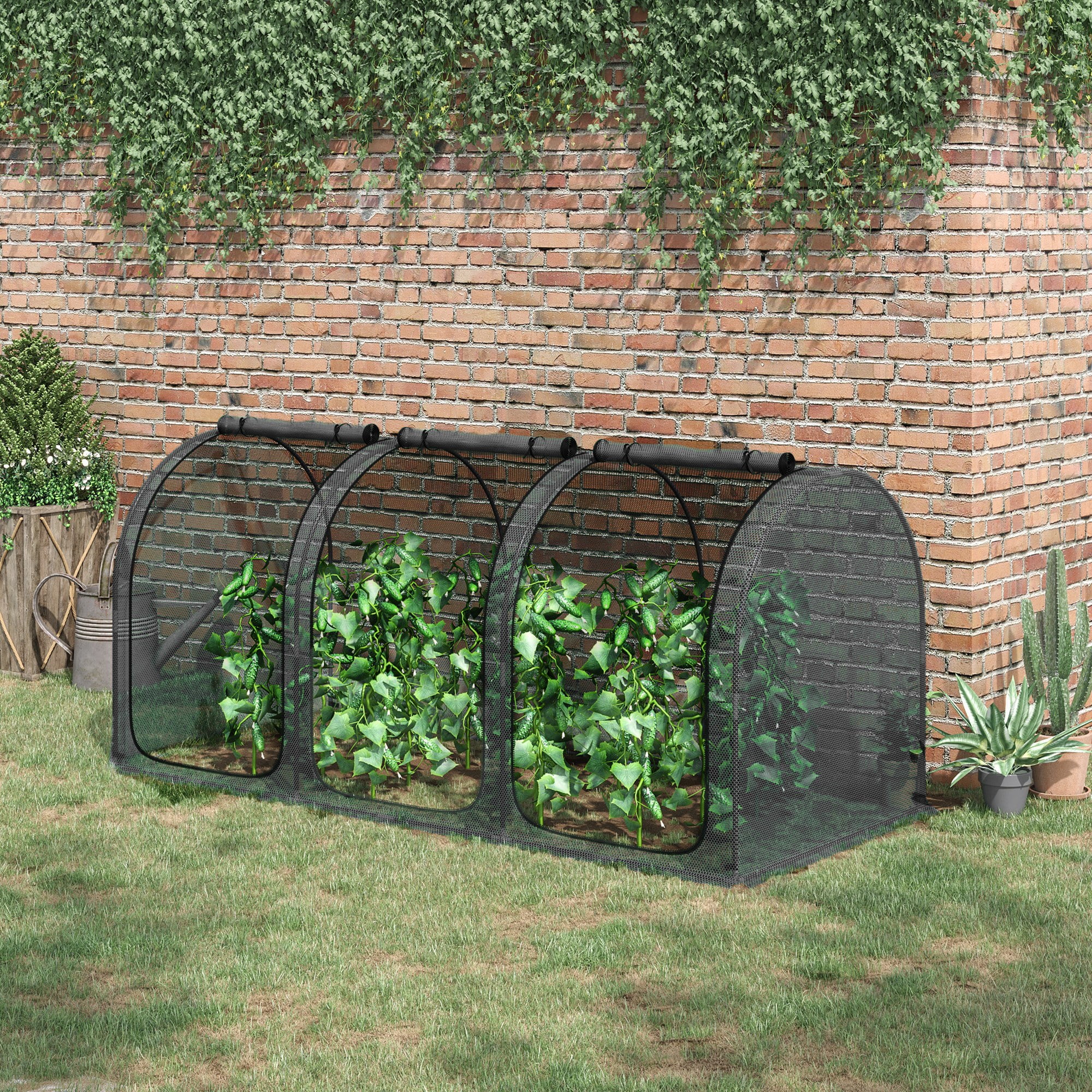 9' x 4' Crop Cage, Plant Protection Tent with Three Zippered Doors, Storage Bag and 6 Ground Stakes, for Garden, Yard, Lawn, Black