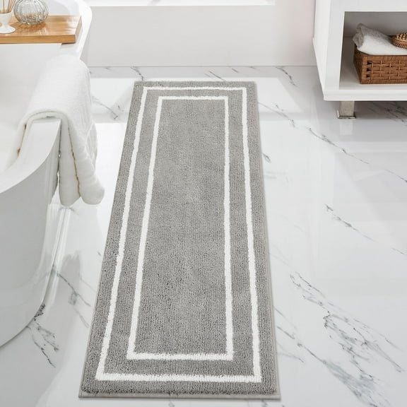 GFJASH-Bathroom Runner Rug, 20x59 Modern Light Gray Long Bathroom Rug Non Slip Washable, Soft Plush Microfiber Absorbent Bath Mat Runner for Tub, Shower, Floor, Sink