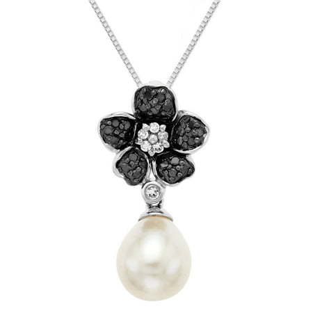 1/5 ct Black & White Diamond Flower Freshwater Pearl Drop Pendant Necklace in Sterling Silver