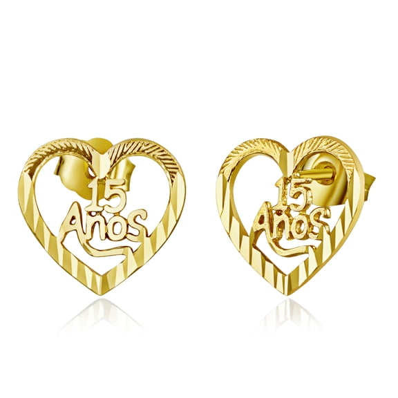 Wellingsale Ladies 14k Yellow Gold Polished Fancy 15 Quinceañera Heart Stud Earrings (10 X 10mm)