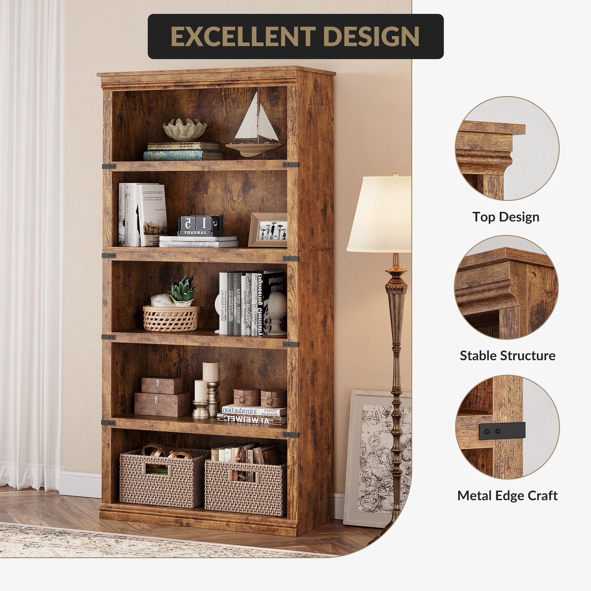 Goldensoil 67" Tall 5 Shelf Wood Bookcase,Farmhouse Floor Standing Display Storage Shelves,Retro