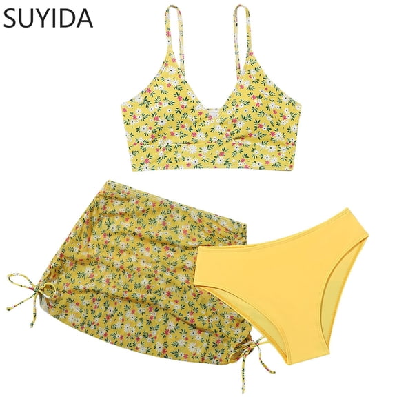 Girls Tankini Swimsuits 10-12 Rash Guard Bikini Sets Drawstring Tankini Set 3 Piece Tropical Printed Bathing Suit