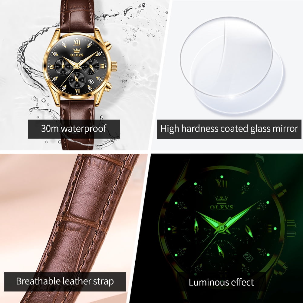 OLEVS Watches for Womens Brown Leather Strap Analog Quartz Rose Gold Fashion Casual Dress Multifunction Chronograph Diamond Date Waterproof Luminous Ladies Watches Relojes para Mujer