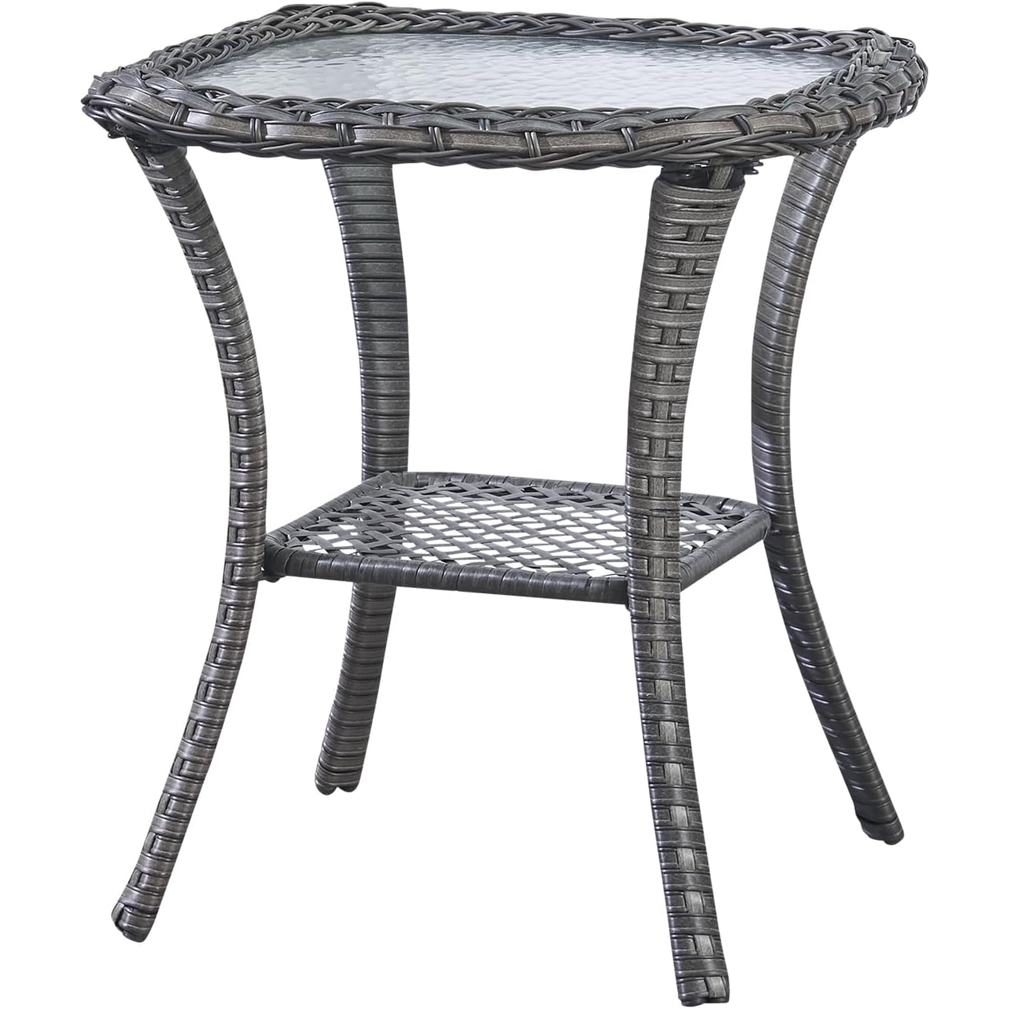 Belord Small Outdoor Side Table - Tempered Glass Wicker Table, Waterproof Patio Coffee Table Rattan End Table with Storage, Mixed Gray