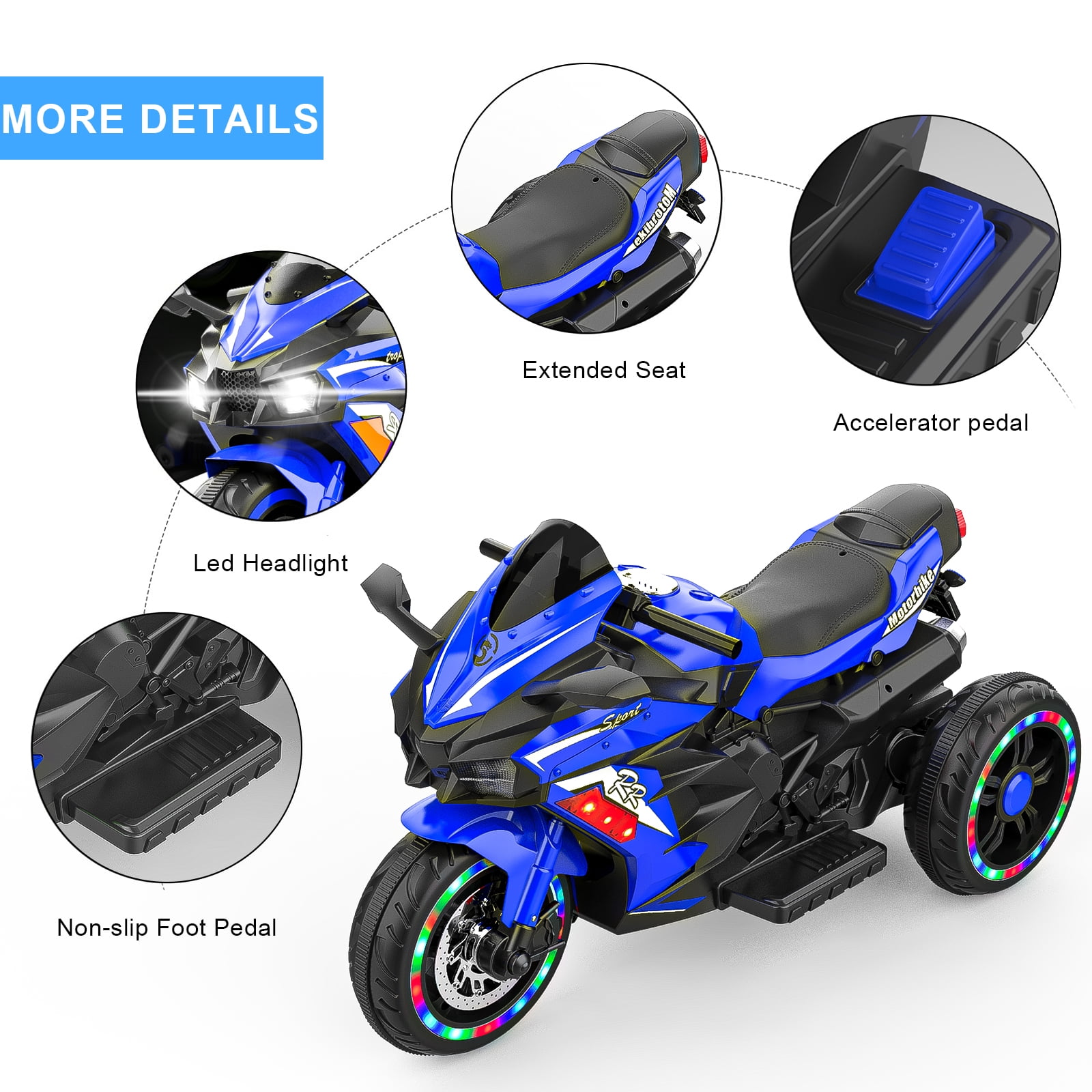 TECHVIDA Electric Motorcycle for Kids,12V Motorcycle for Kids, Battery Powered 3 Wheels Motorcycle Toy with Bluetooth, Music,Light,Blue