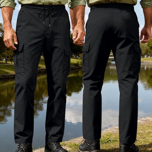 Yaoyar Men's Casual Athletic Trousers Loose Fit Straight Leg with Multiple Outdoor Cargo Pockets Workwear Style for Sports Long Pants,L,Black