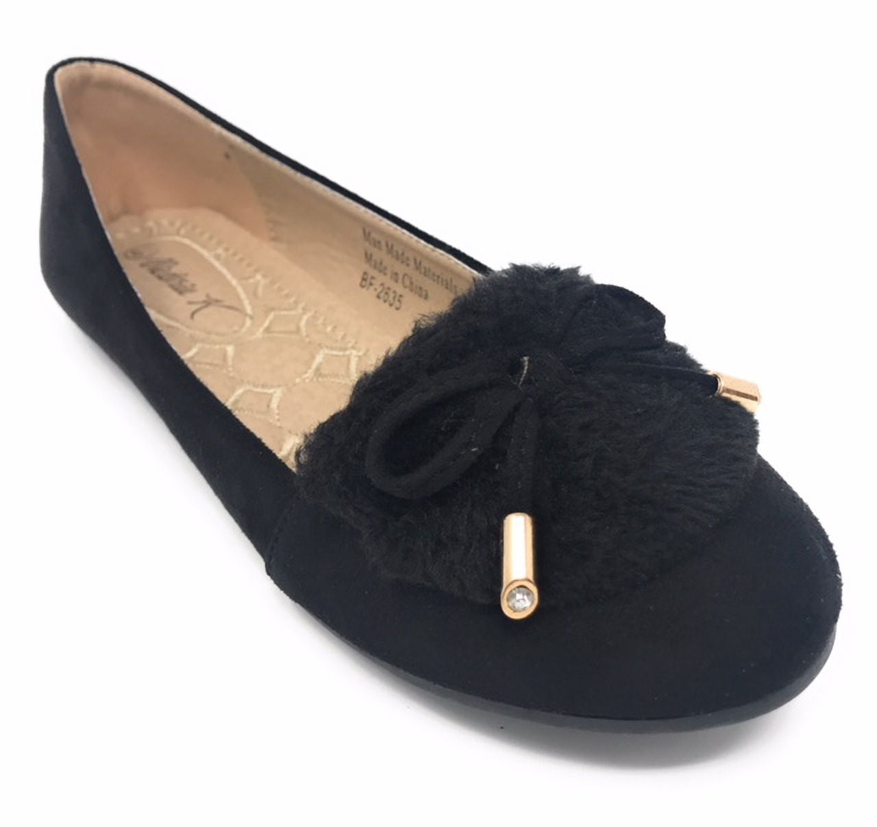 Victoria K Women's Soft Textured Material With Faux Fur Ornament And Gold Tip Bow Ballerina Flats