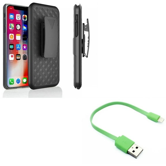 Short USB Cable w Case Belt Clip for iPhone XR - Charger Cord Power Wire Fast Charge, Holster Swivel Cover Kickstand Armor Compatible With iPhone XR