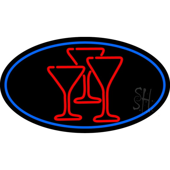 Martini Glasses Oval With Blue Border LED Neon Sign 13 x 24 - inches, Clear Edge Cut Acrylic Backing, with Dimmer - Bright and Premium built indoor LED Neon Sign for Bar decor.