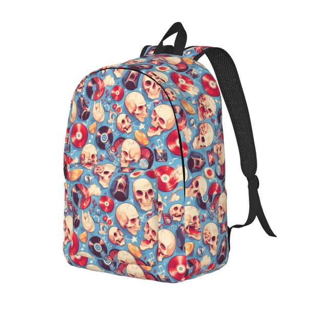 Disketp music Skull record Retro Mochila de Lona Estampada, Mochila Escolar de Viaje Ligera para Estudiantes y Portátil-Small