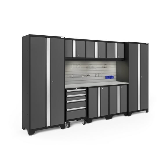 NewAge Products Bold Series Gray 9 Piece Cabinet Set, Heavy Duty 24-Gauge Steel Garage Storage System, Includes LED Lights / Slatwall / Hook Kit