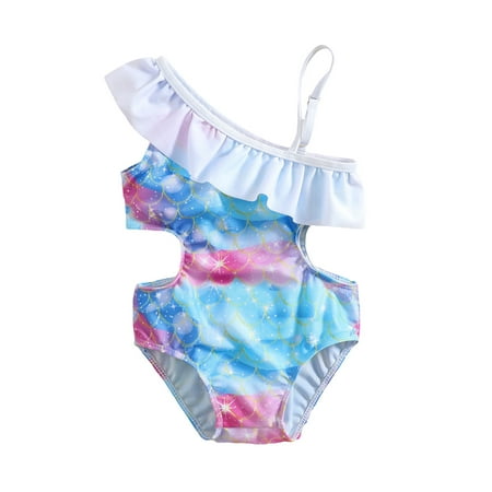 

Amuver Toddler Girls Summer Romper Swimwear One Shoulder Fish Scale Print Bathing Suits
