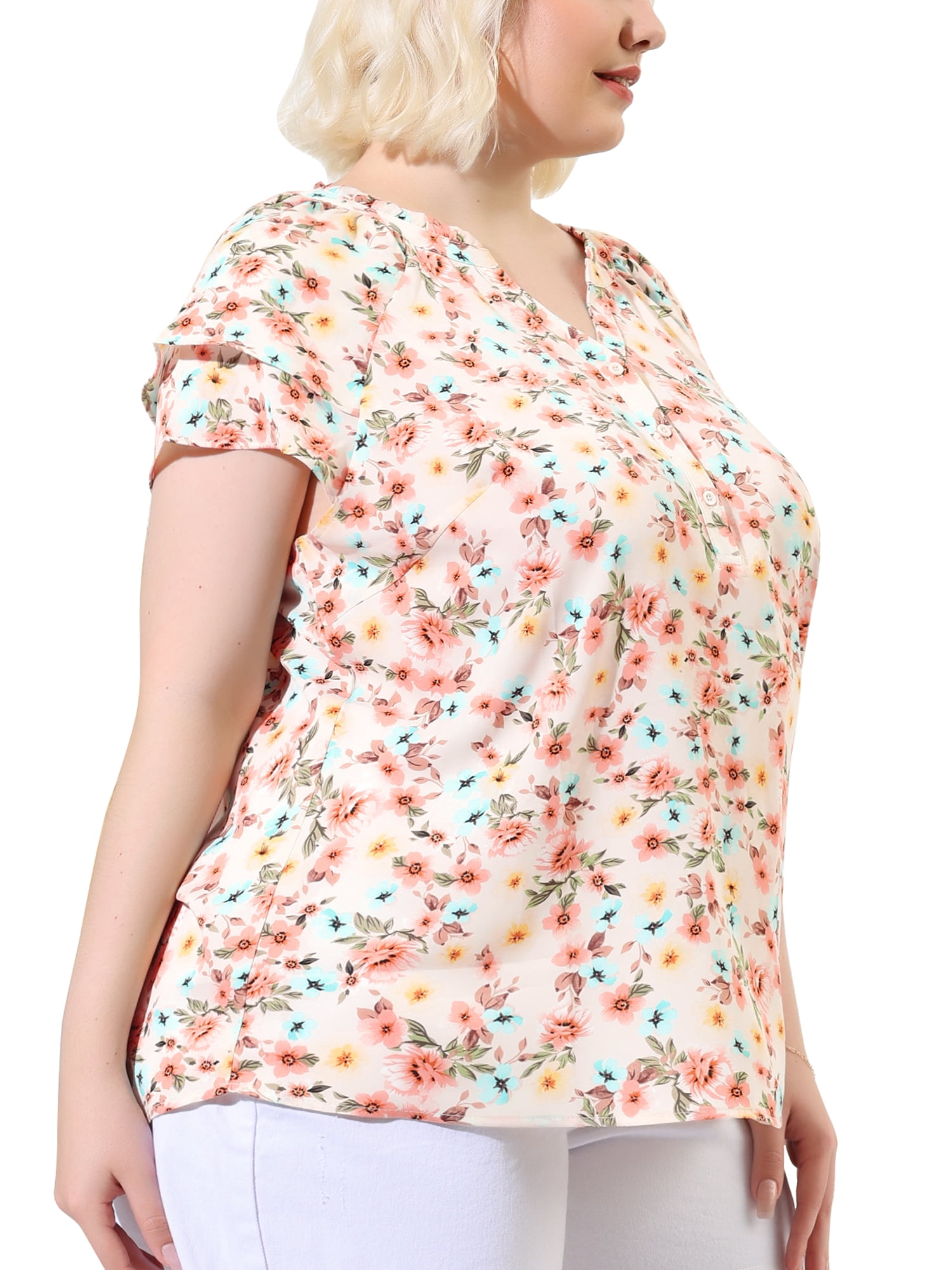 Unique Bargains Juniors' Plus Size Short Sleeve Floral Tiered Button Peplum Blouse 2X Pink