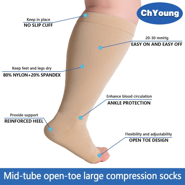 Medi Plus Open Toe Knee High Compression Stockings - 30-40 MmHg, Beige | Silicone Dot Band, Opaque Fabric For Varicose Veins & Edema