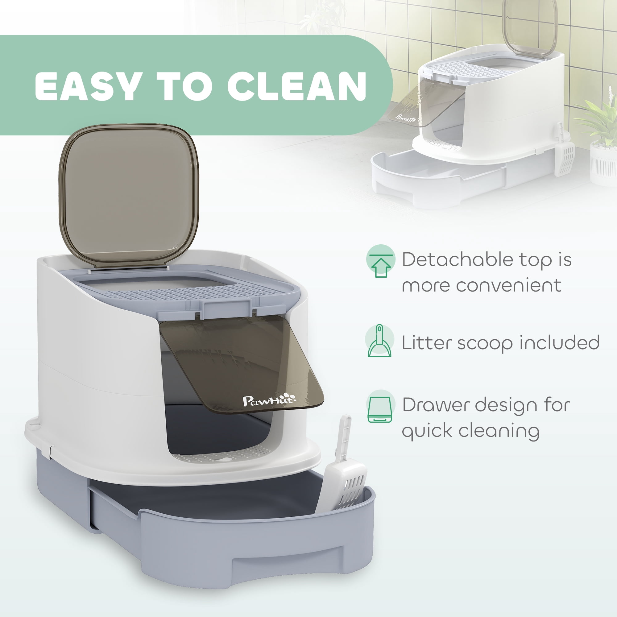 PawHut Cat Litter Box with Lid, Covered Kitty Litter Box Enclosed with Drawer, Scoop, Top Entry, Deodorizing Bags, Easy to Clean, Gray