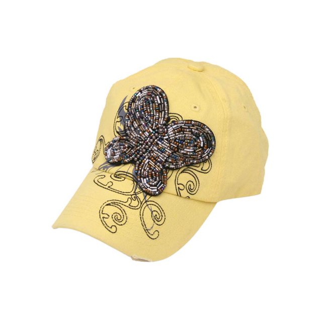 Womens Beaded Butterfly Adjustable Baseball Cap - Yellow