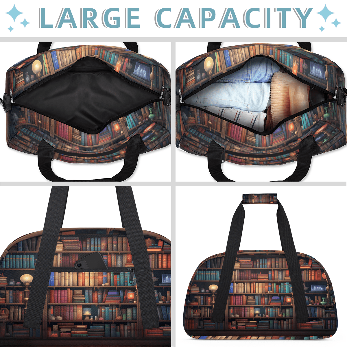 Herdesigns Library Sports Duffle Bag for Women & Men, Library Bookshelf Gym Bag Dance Bag Overnight Bag Carry On Weekender Travel Bag