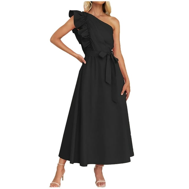 Wyzesi Robes d'Automne pour Femmes Maxi Midi Robe d'Été pour Femmes à une Épaule à Volants Sans Manches Bohème Fluide Robes Maxi Pyjama de Noël Costume