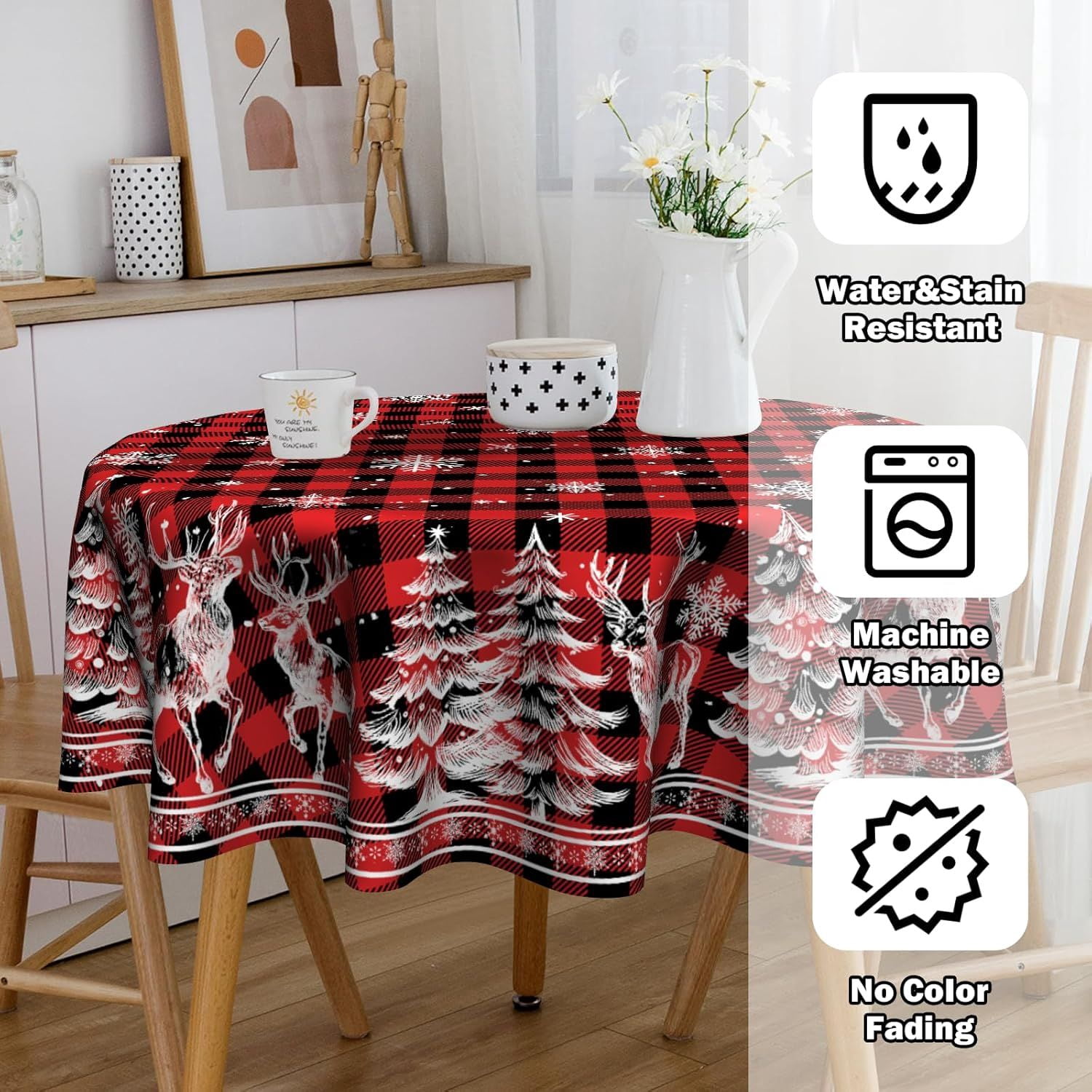 Christmas Round Tablecloth 60 inch Christmas Nativity Table Cloth Xmas Tree Table Cloths Decorations for Home Kitchen Dining Red Buffalo Plaid