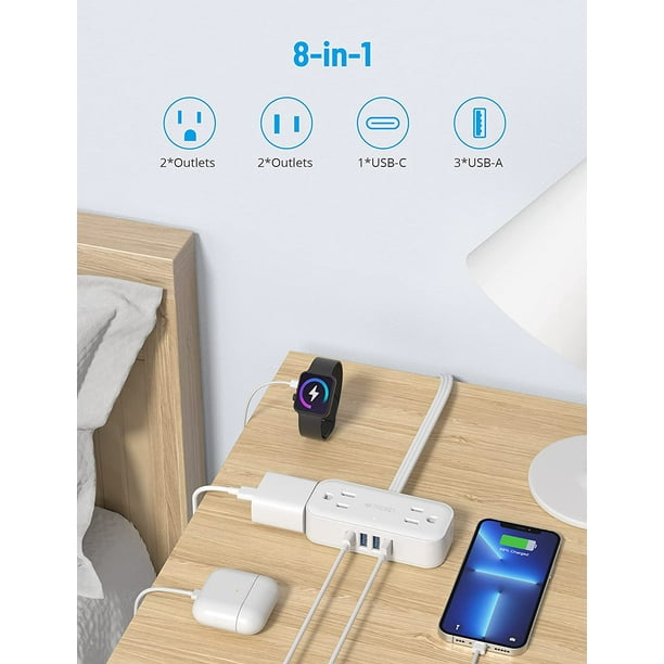 Barre d'alimentation à prise plate avec USB, petite rallonge intérieure  avec 2 rallonges de prise et 3 ports USB, alimentation de voyage 