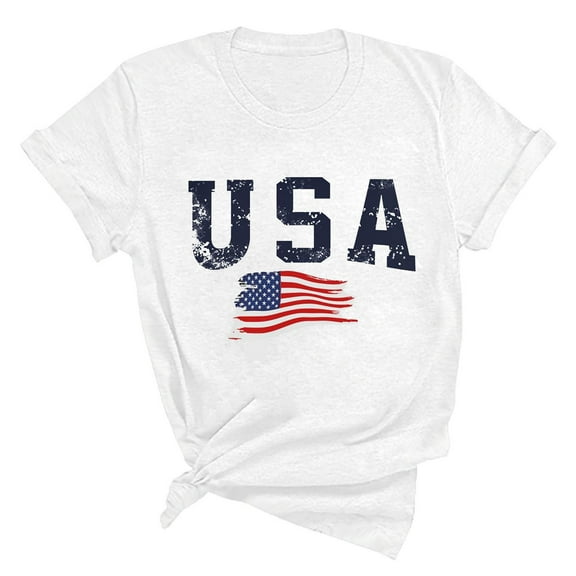 HCYSFG Womens USA T Shirts Crewneck Short Sleeve American Flag Letter Graphic Relaxed Fit Patriotic Tees Everyday Summer Tops