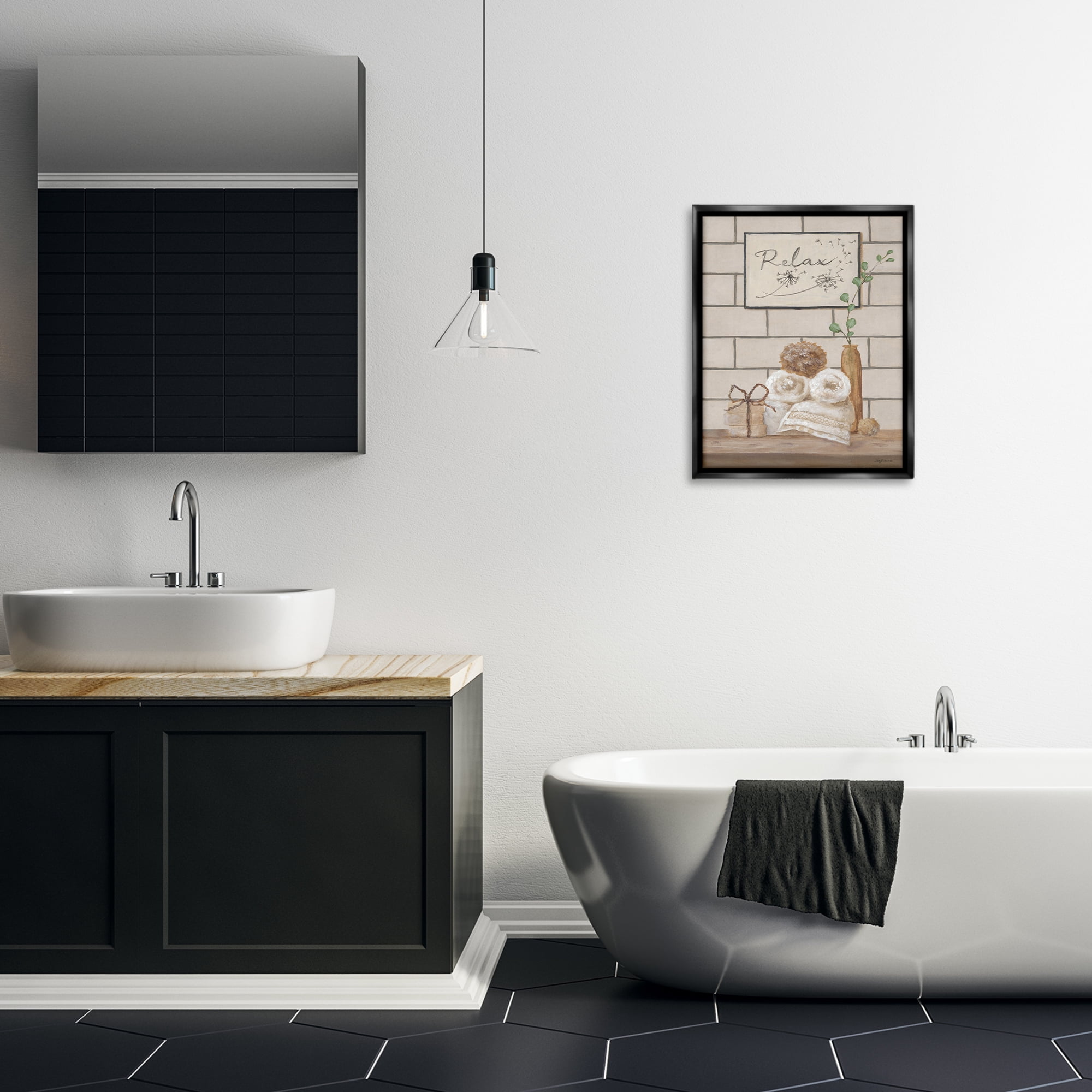 Stupell Industries Relax Bathroom Scene Typography Painting Black Floater Framed Canvas Art Print Wall Art, 17 x 21