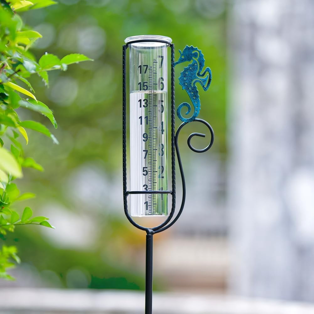 HRTGFD-Rain Gauge Outdoor,7 Inch Glass Decorative Rain Gauge Seahorses Rain Guage Rain Measure Gauge with Metal Stake for Garden Patio Lawn