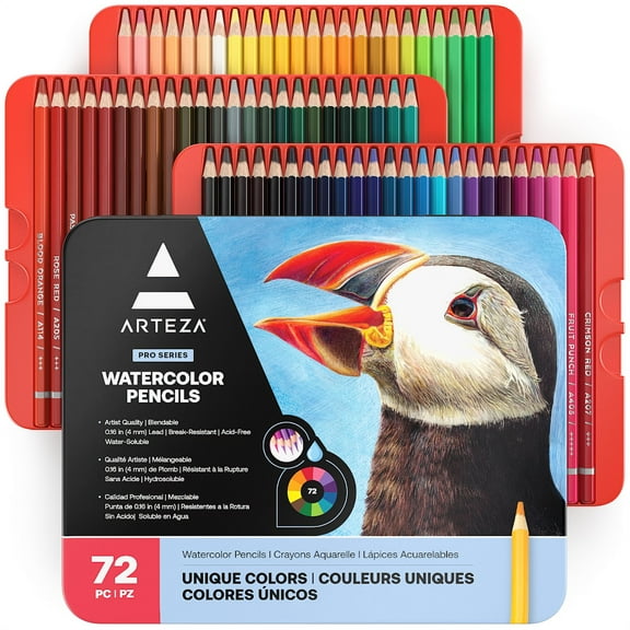 Arteza Professional Watercolor Pencils, Assorted Colors, Coloring Set for Adult Artists, Non-Toxic - 72 Pack