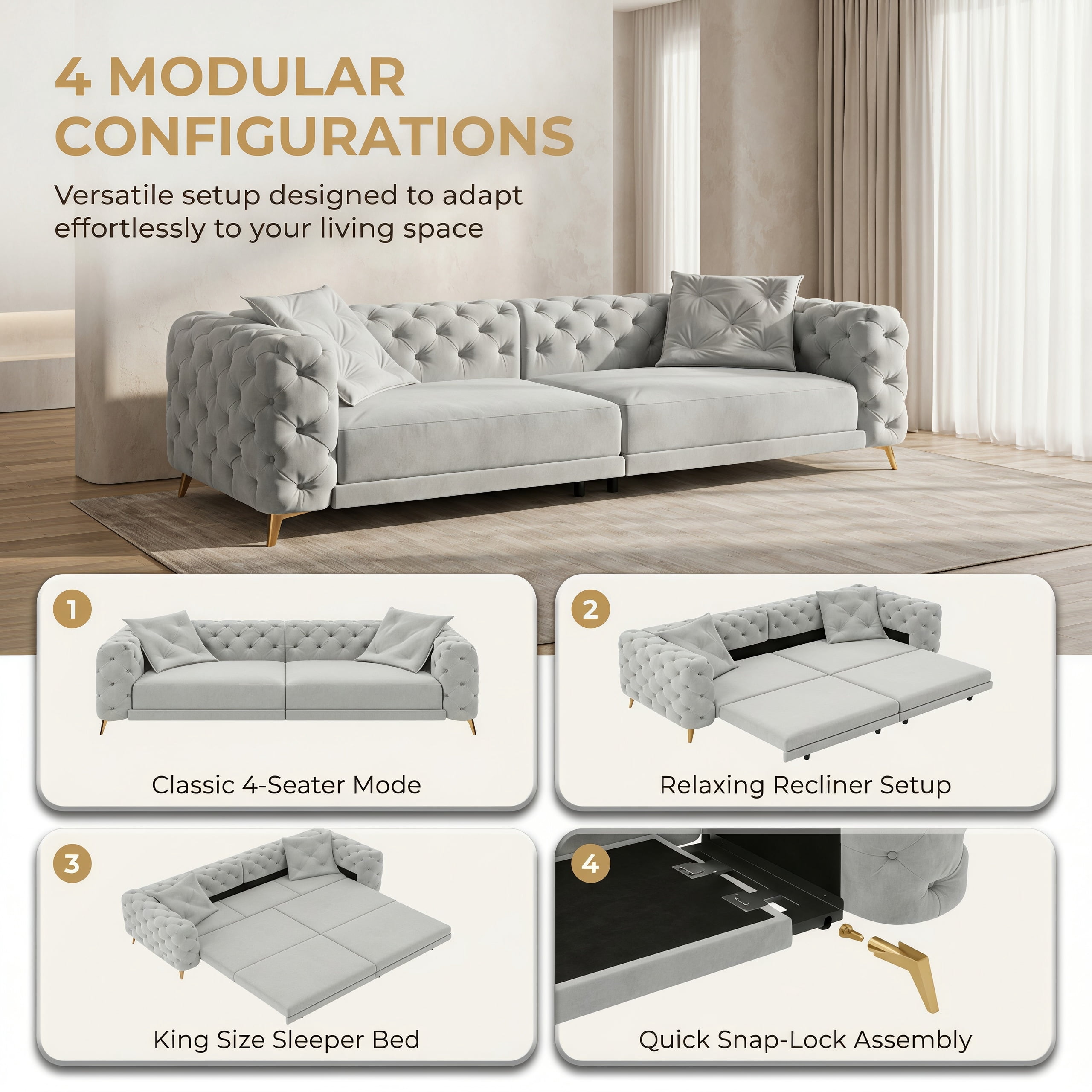 3-in-1 Velvet Sleeper Sofa Bed, 97.7" Modern Button Tufted Convertible Pull Out Couch with Gold Metal Legs & Deep Seat for Living Room, Light Gray