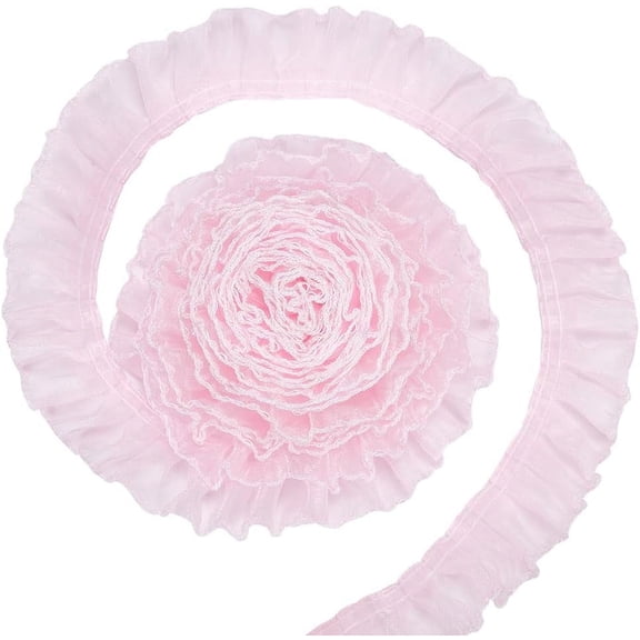 8 Yards Polyester Pleated Lace Trim 1.57inch Wide Pink with White Edge Ruffled Lace Ribbon for Garment Accessories DIY Craft Sewing Decoration Pink