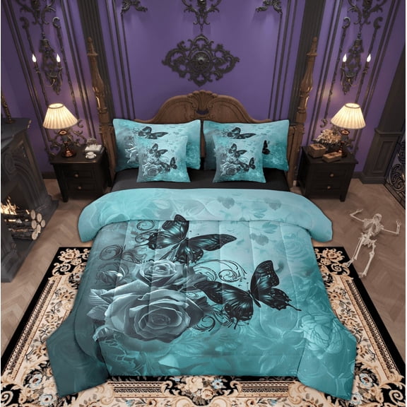 Manfei Romantic Rose Flower Bedding Comforter Set 7pcs, Cartoon Butterfly Animal Queen Bedding Sets, Valentines Day Reversible Queen Sheet Sets, Super Cozy Room Decor