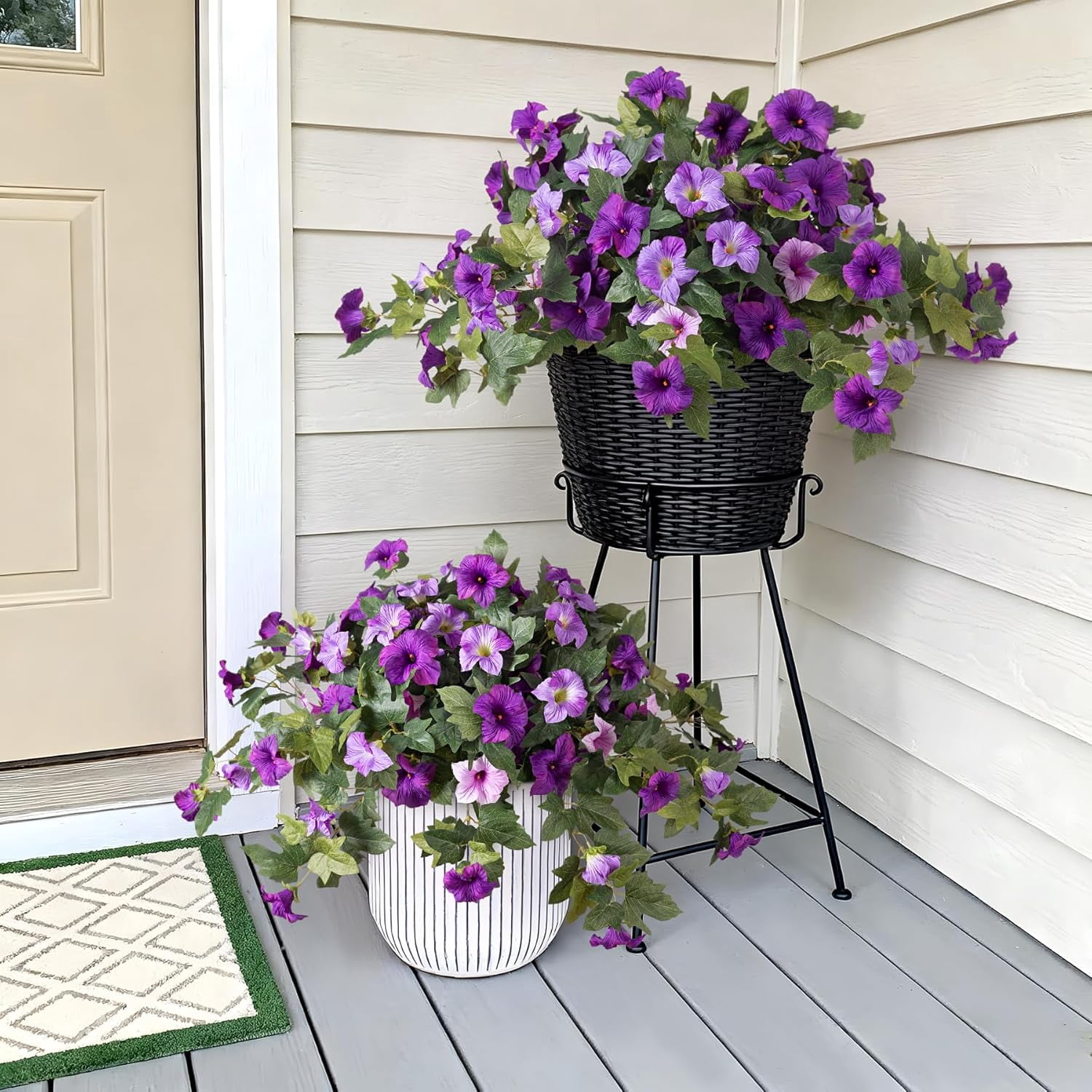 KUNPENG 2 Pcs Artificial Petunia Flowers for Outdoor, UV Resistant Faux Flowers Realistic Flowers Silk Floral Arrangement for Garden Porch Window Box Hanging Basket & Home Patio Decor